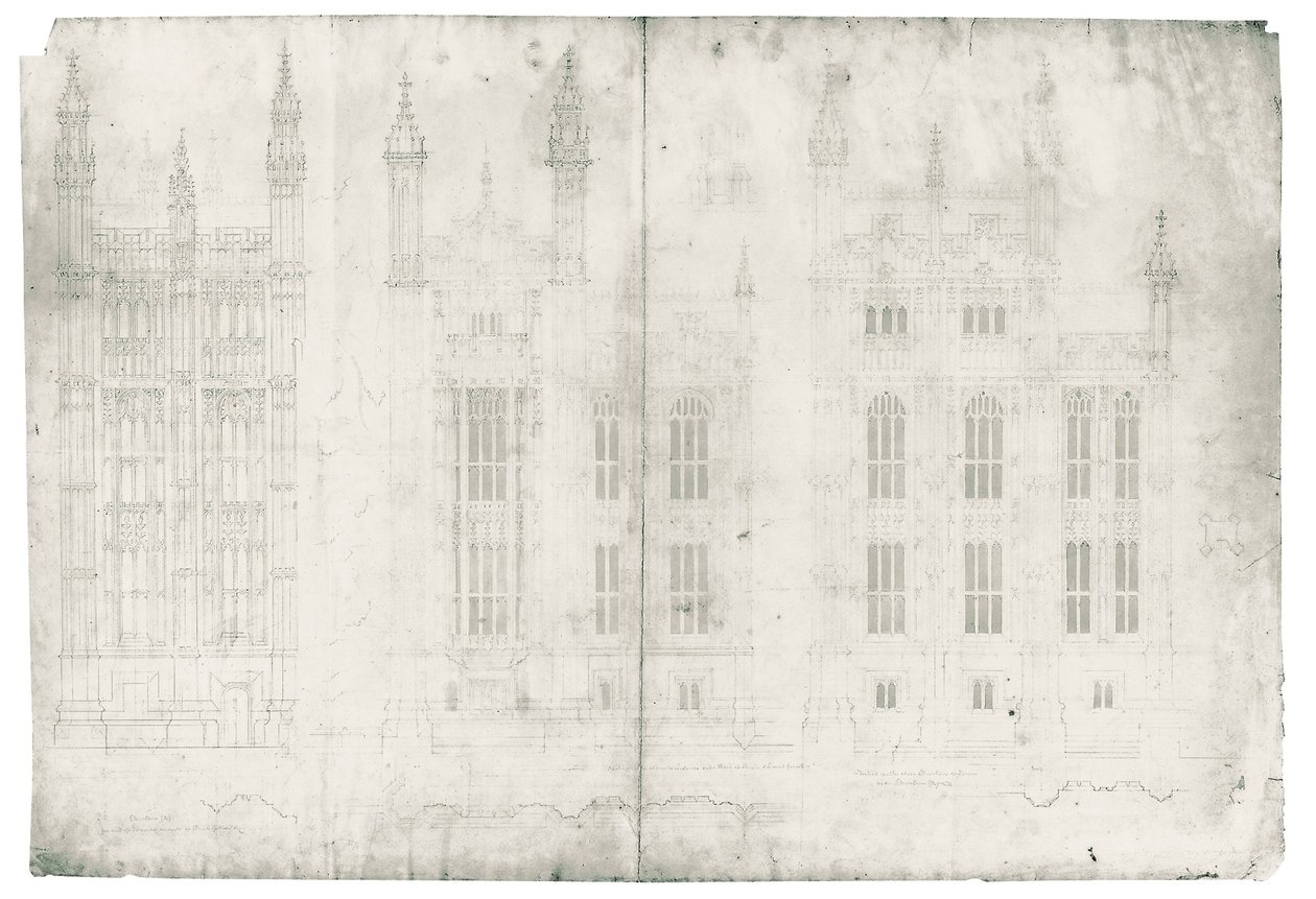 国会議事堂のデッサン、c.1836-40（紙にペンとインク） 作： チャールズバリー