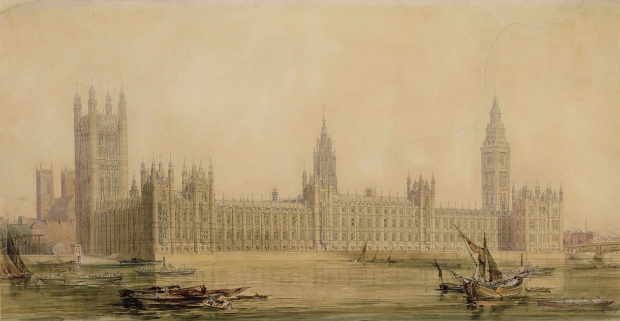 新しい国会議事堂の透視図、1840年代（グラファイト、ガッシュ、ペン、紙のインクの上にトイレ） 作： チャールズバリー