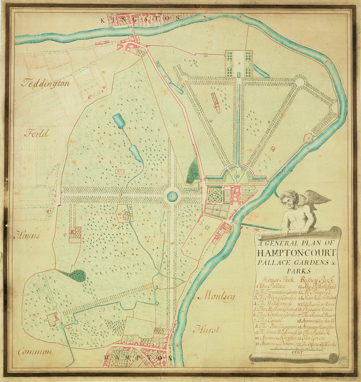 ハンプトンコート宮殿の庭園と公園の一般的な計画、c.1713（紙にペンとインク、トイレ） 作： チャールズ・ブリッジマン