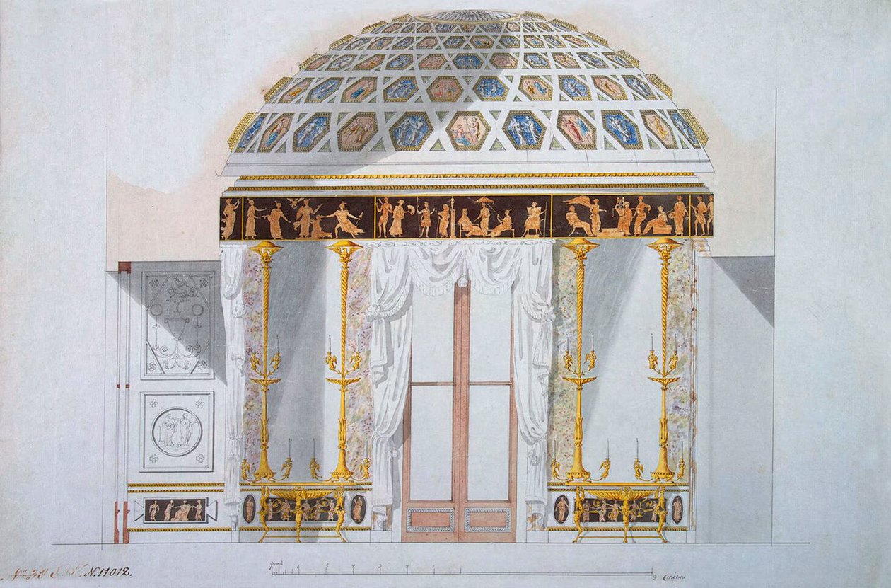 ツァールスコエ・セロの瑪瑙館のジャスパー・キャビネットのデザイン、1780年代   作： チャールズ・キャメロン