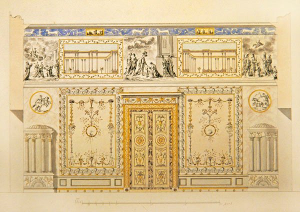 ツァールスコエ・セーロのエカテリーナ宮殿、リヨン画室、戸口壁の立面図 1780年代前半（紙にペン、筆、墨、水彩） 作： チャールズ・キャメロン