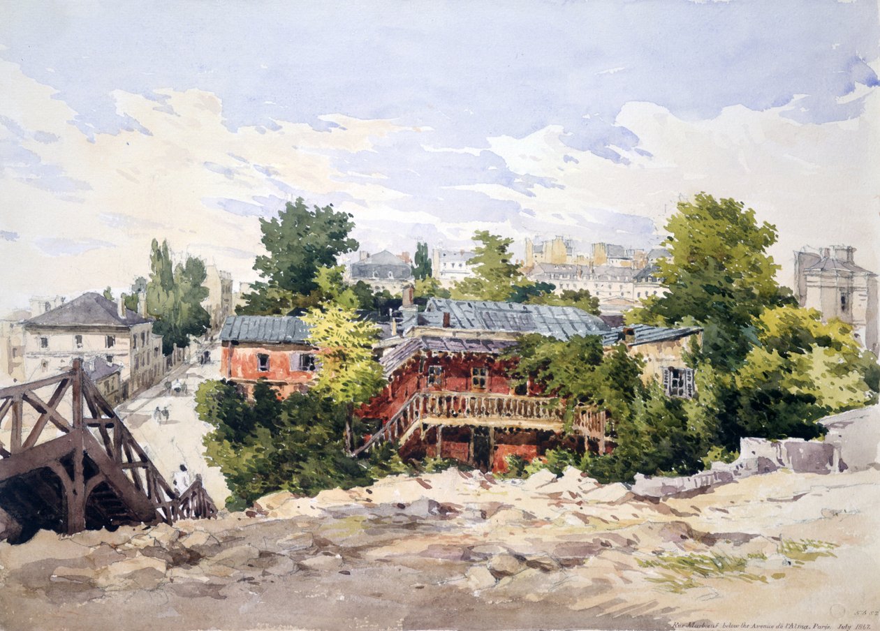 アルマ通りのマルブーフ通り。水彩画。シャルル・クロード・パイン（1802-1878）イギリスの風景・風俗画家。パリ、フランス 木の家 バルコニー フットブリッジの森 作： チャールズ・クロード・パイン