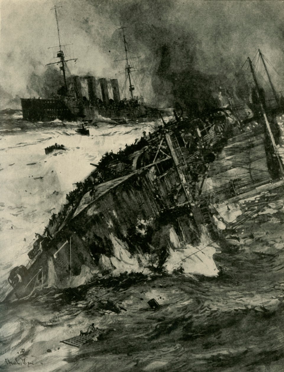 HMSアブキルの沈没、第一次世界大戦、1914年9月22日、c1920。 作： チャールズ・ディクソン