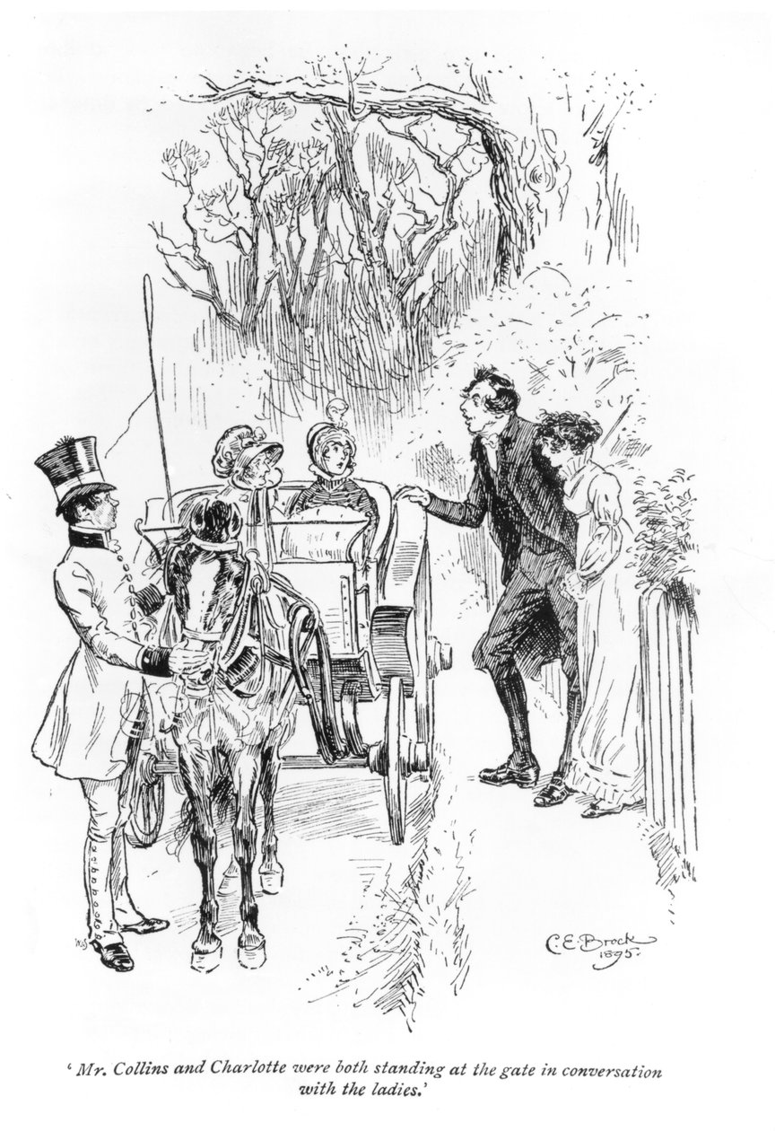 &39;氏。コリンズとシャーロットはどちらも女性と会話しながら門に立っていました」、1895年のジェーンオースティンによる「プライドと偏見」のイラスト 作： チャールズ・エドモンド・ブロック