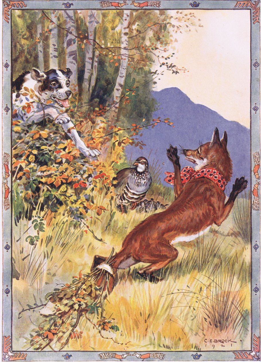 茂みの中から犬が飛び出しました。モーゼスガスター（1856-1939）1921年のルーマニアの伝説の子供たちの物語、キツネと猟犬の物語のシーン 作： チャールズ・エドモンド・ブロック