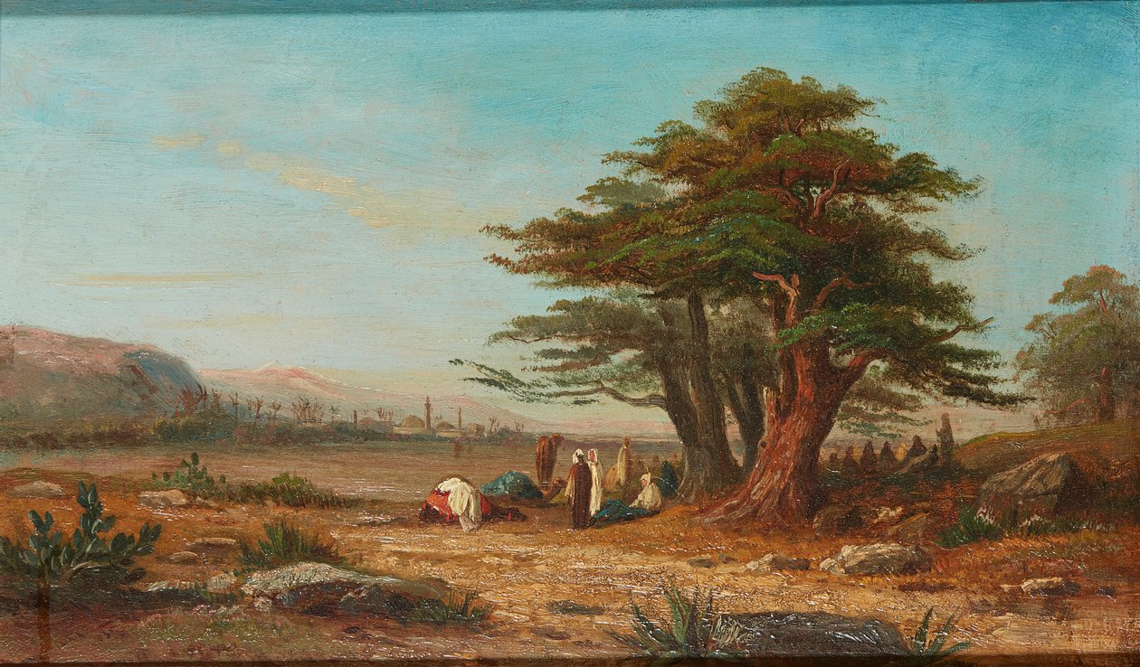 キャンプの準備、休息中のラクダ (パネルに油彩) 作： Charles Edouard（attr.to）Frere
