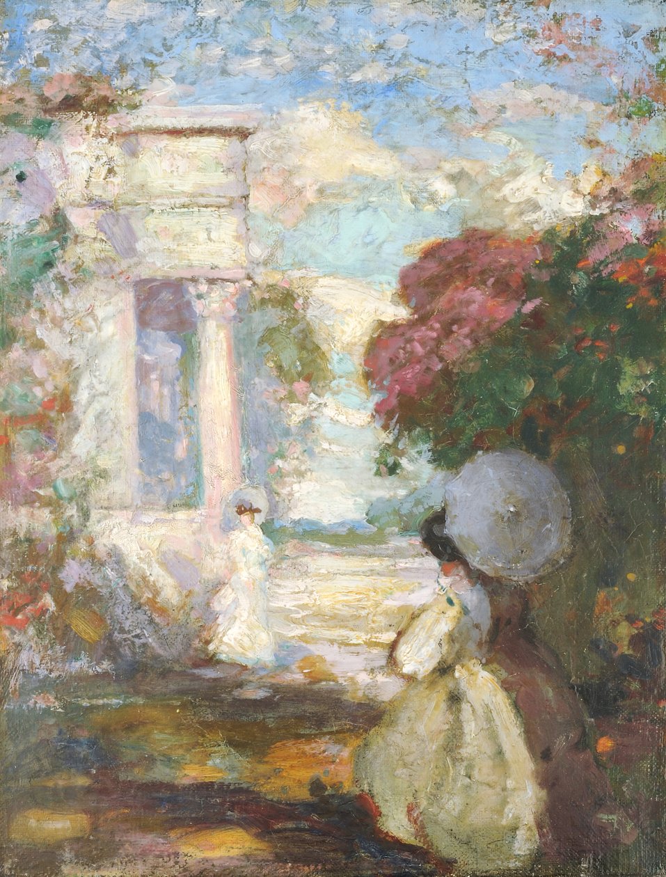 19世紀のドレスを着た2人の人物が描かれた叙情的な風景、1890〜1900年 作： チャールズ・エドワード・コンダー