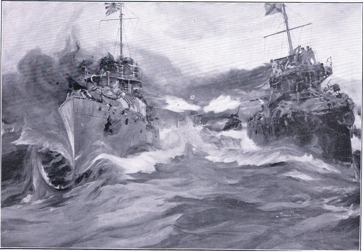 駆逐艦間の戦い、挿絵ラッセル日露戦争第1巻、1900年 作： チャールズ・エドワード・ディクソン