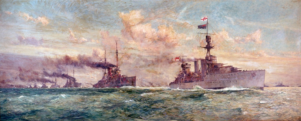 フォース湾で降伏するドイツ公海艦隊を率いるHMS「カーディフ」（1918年11月21日 作： チャールズ・エドワード・ディクソン