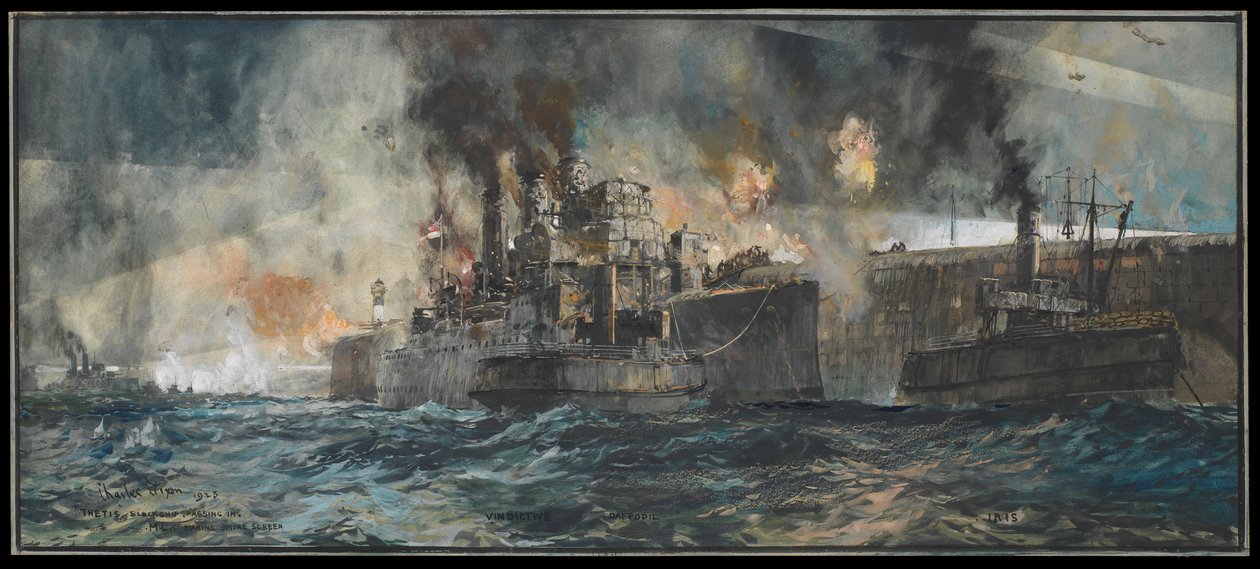 1918年4月23日、ゼーブリュッヘ、モーレに横付けされたHMS "Vindictive 作： チャールズ・エドワード・ディクソン