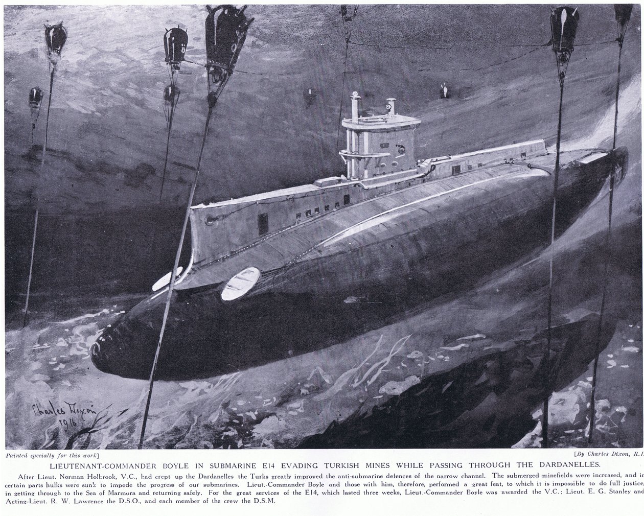 1915年のダーダネルス海域を通過中に、ボイル中尉がトルコの炭鉱を潜水艦から回避したことでVCを授与 作： チャールズ・エドワード・ディクソン
