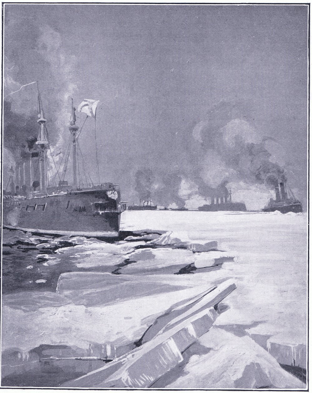 ウラジオストク艦隊、ウラジオストク港から氷を押し出す、カッセルの日露戦争1巻、1900年頃のイラスト 作： チャールズ・エドワード・ディクソン