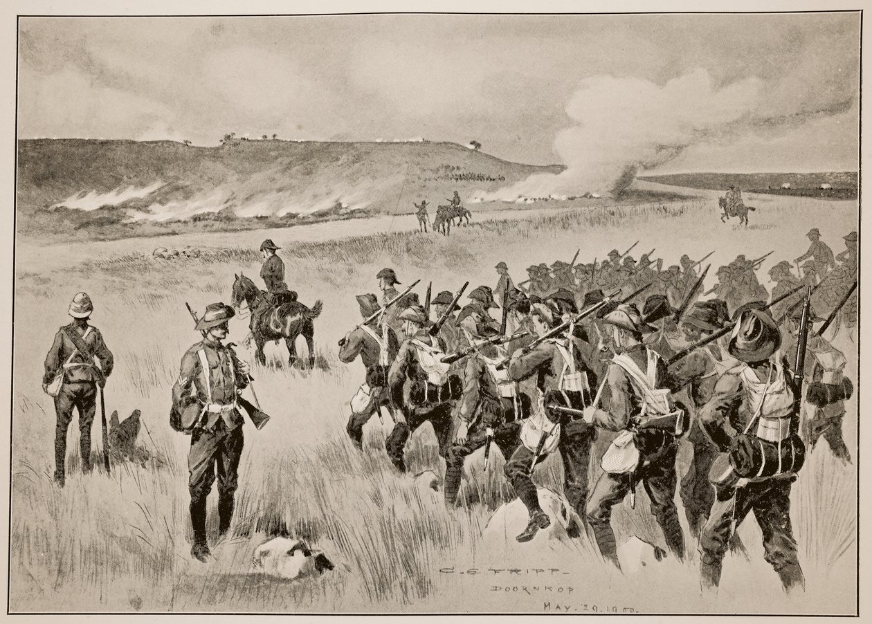 1900年5月29日、ドアンコップでの行動でハミルトン将軍の左翼を支援するロンドン市帝国ボランティア 作： チャールズ・エドウィン・フリップ
