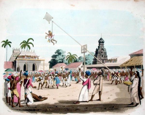 トーマス・メドランド（1755-1823）が彫った「Oriental Drawings」の中の「A Barbarous Ceremony」（1803年に出版されたカラーリトグラフ）。 作： チャールズエミリウス（後）ゴールド