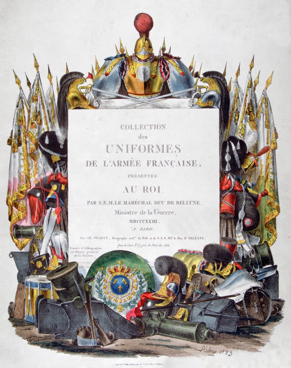 1823年に王に贈られたフランス軍の制服コレクションの口絵。 作： チャールズエティエンヌピエールモット