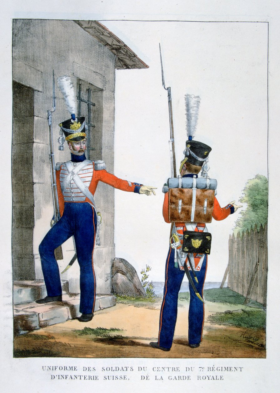 1823年のフランスの王室警備隊の第7連隊のスイス第7連隊の制服。 作： チャールズエティエンヌピエールモット
