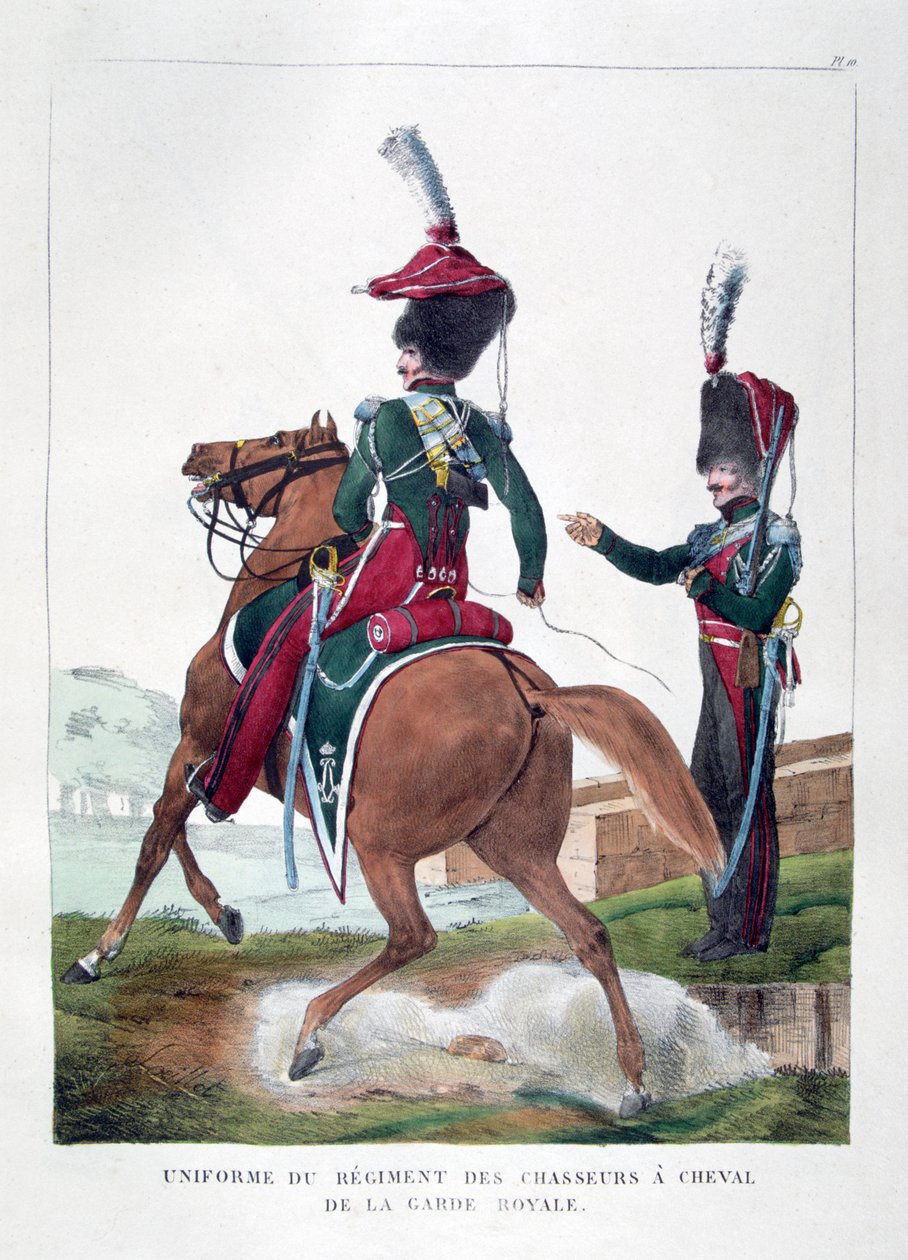 1823年にフランスのロイヤルガードの騎馬騎兵連隊の制服。 作： チャールズエティエンヌピエールモット