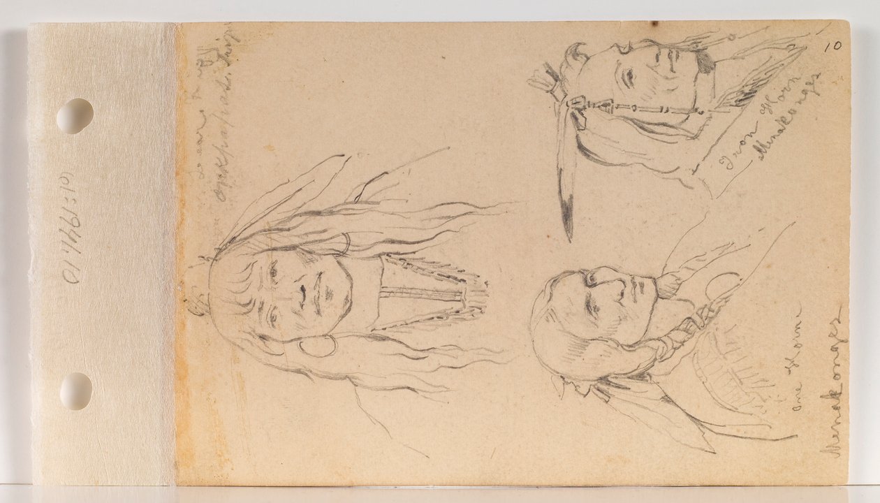 Mato Chuthuhu (クマの肋骨)、Ha won je tah (One Horn/Lone Horn)、および Heh Mah Zah (Iron Horn) (リーフ 10 recto) の肖像画 作： チャールズフェルディナンドウィマー