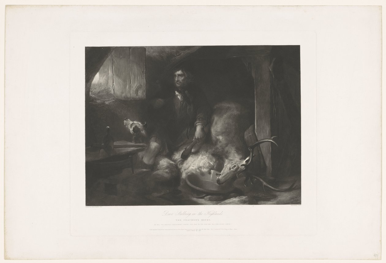 高地に忍び寄る鹿。 パウチャーの両方です。 Edwin Landseer の後、Boys and Graves と Gambart の住所とともに 作： チャールズフォックス