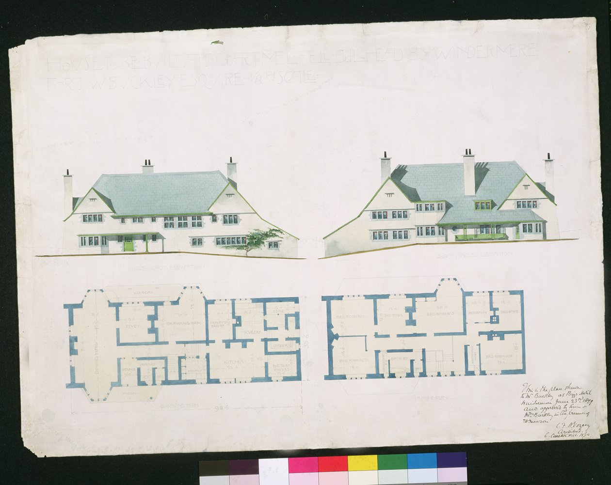 1899年にJWバックリーエスクァイアのためにウィンダミアのガートメルフェルギルヘッドに建設される家（紙と紙と鉛筆） 作： チャールズ・フランシス・アネスリー・ヴォイジー