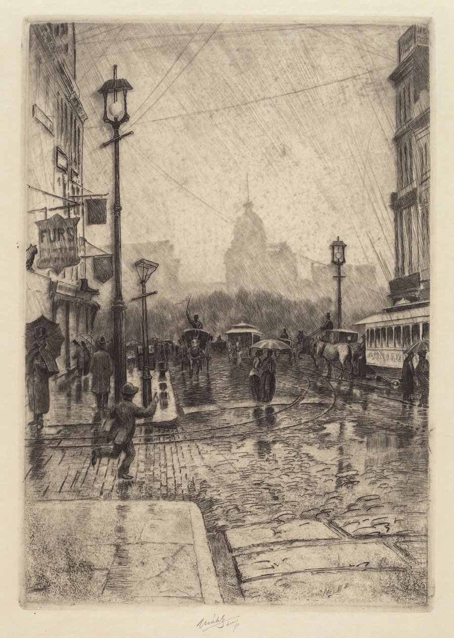 雨の日、ブロードウェイ、おそらく 1890 年。 作： チャールズ・フレデリック・ウィリアム・ミエラッツ