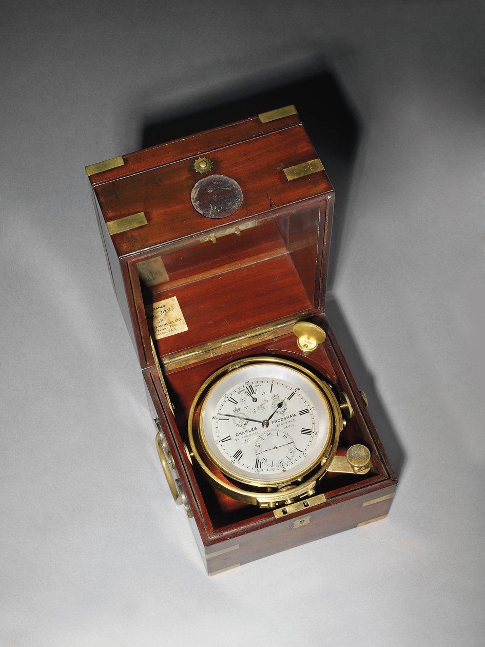 ハートナップ・テンプを搭載したヴィクトリア朝の2日分のマリンクロノメーター、1870年頃（マホガニーと真鍮製のマウント付き 作： チャールズ・フロッシャム