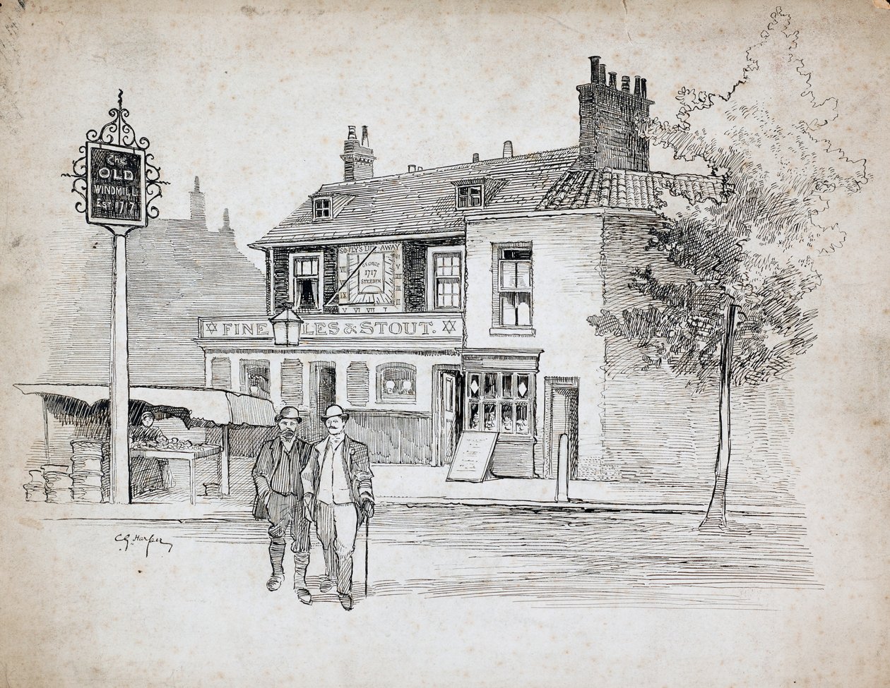 Old Windmill Public House, 214-214 Chiswick High Road, Turnham Green (紙にペンとインク) 作： チャールズジョージハーパー