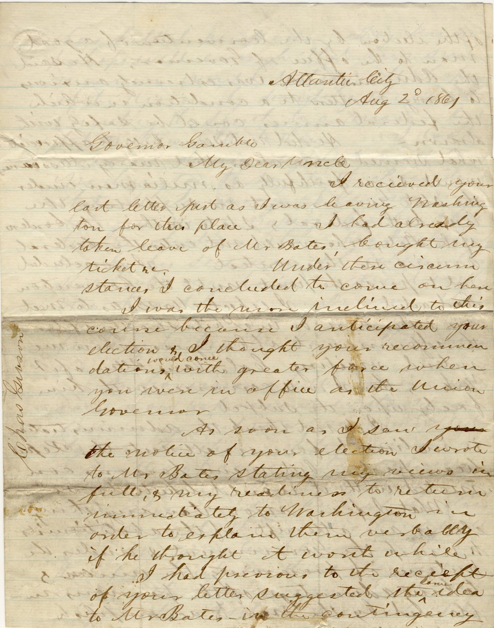 1861年8月2日、アトランティック・シティのC.ギブソン［Charles Gibson］に署名した手紙をギャンブル知事［Hamilton R. Gamble］に送る。 作： チャールズギブソン