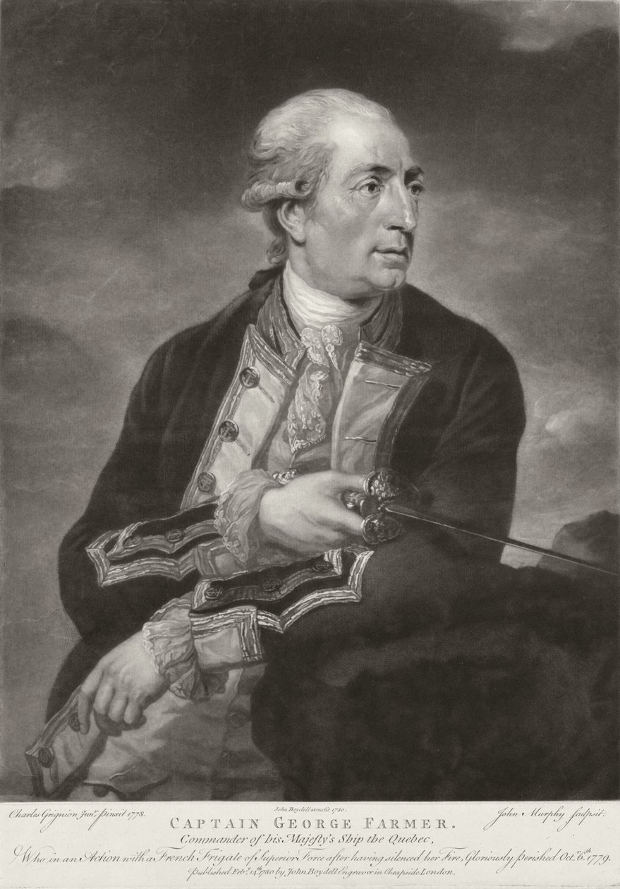 ジョージファーマーの肖像（1732-79）ジョンマーフィーによって刻まれたHMS &39;ケベック&39;の船長。ジョン・ボイデル（1719-1804）1780 作： チャールズグリニオン