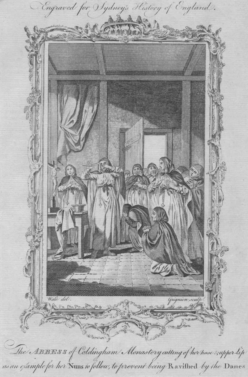 1773年、バイキングの侵略者によるレイプを回避するために自傷行為を行うコルディンガム修道院の修道院。 作： チャールズグリニオン
