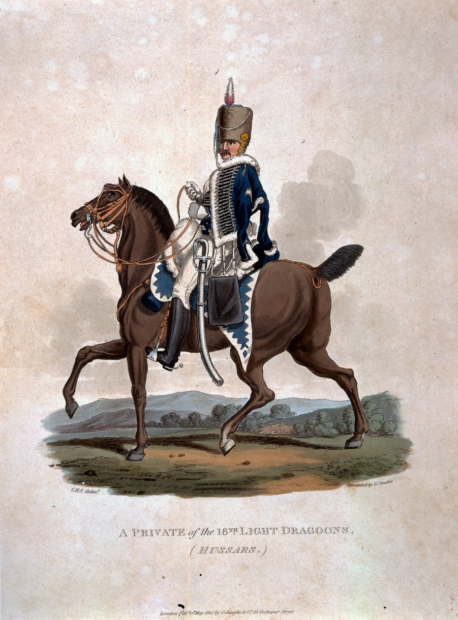 Colnaghi und Co. 1812-15によって発行されたJCスタドラーによって刻まれた「最後の規則1812によると、大英帝国の陸軍の衣装」からの18番目の軽竜騎兵（ハサー）の私物 作： チャールズハミルトンスミス