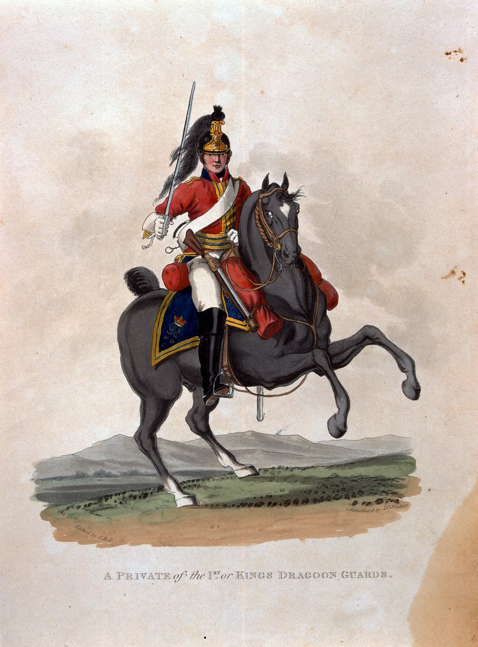 Colnaghi und Co. 1812-15によって発行されたJCスタドラーによって刻まれた「大英帝国陸軍の衣装、最後の規則1812による」の1人目のプライベート、またはキングのドラグーンガード 作： チャールズハミルトンスミス