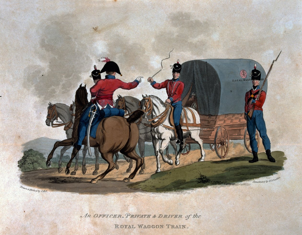 Colnaghi undによって発行されたJCスタドラーによって刻まれた「1812年の最後の規則によると大英帝国の軍の衣装」からのロイヤルワゴントレインの役員、私用、および運転手 作： チャールズハミルトンスミス