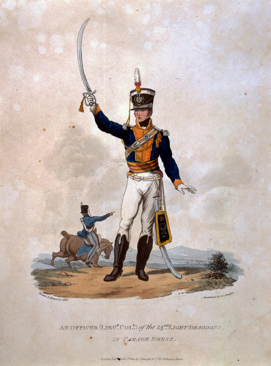 Colnaghi und Co.が発行したJC Stadlerによって刻まれた「大英帝国軍のコスチューム、最後の規則1812による」からの第14軽竜騎兵のパレードドレスの役員 作： チャールズハミルトンスミス