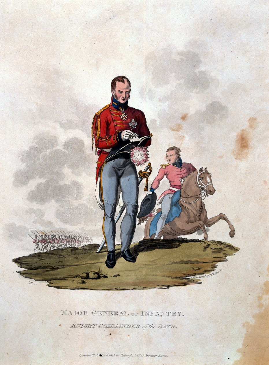 Colnaghi und Co.から出版されたJCスタドラーによって刻まれた「大英帝国の軍の衣装、最後の規則1812による」からのバスの歩兵騎士長官の少将。 作： チャールズハミルトンスミス
