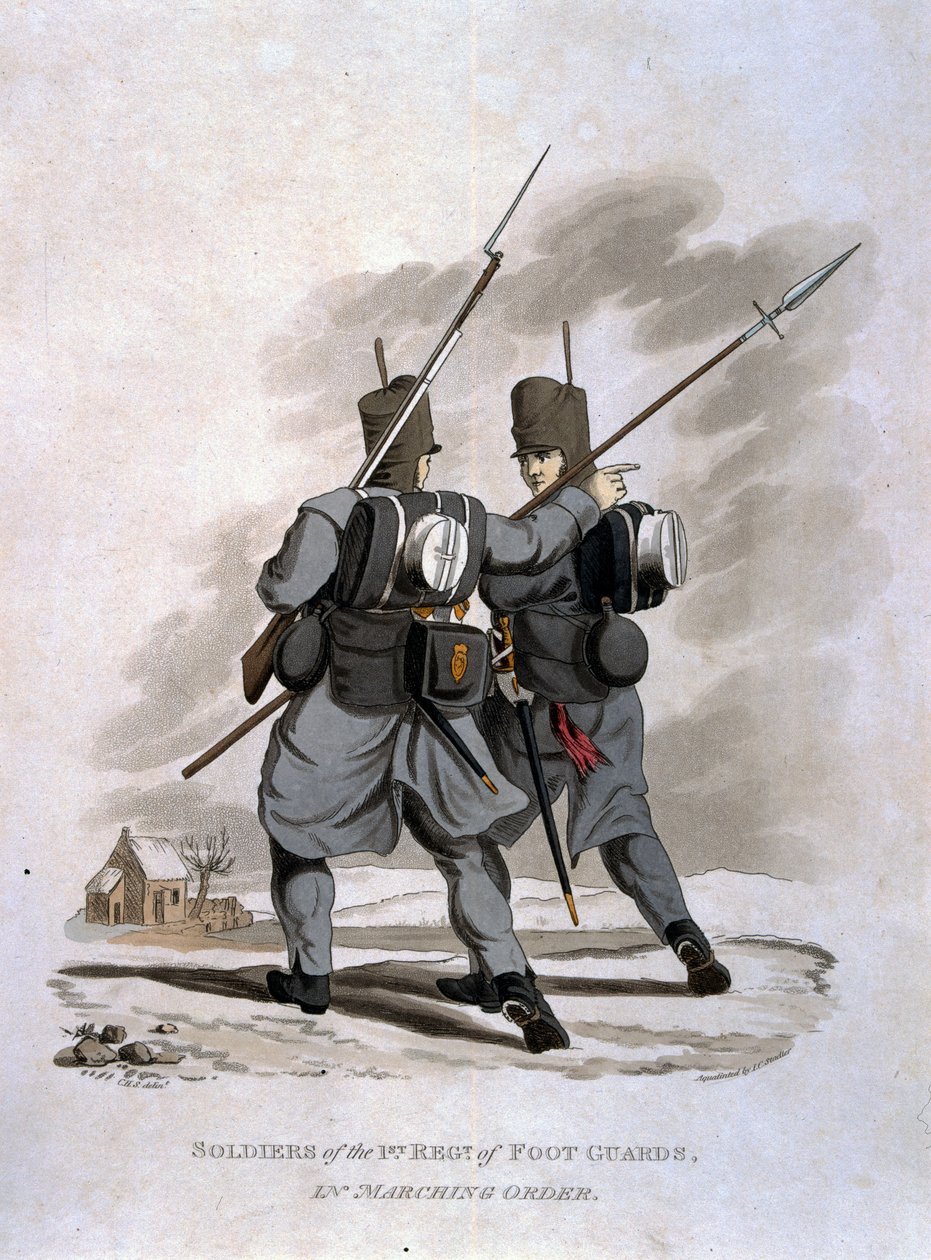 JCスタドラーによって刻まれた「大英帝国軍のコスチューム、最後の規則1812による」から、行進の第1歩兵連隊の兵士。 作： チャールズハミルトンスミス