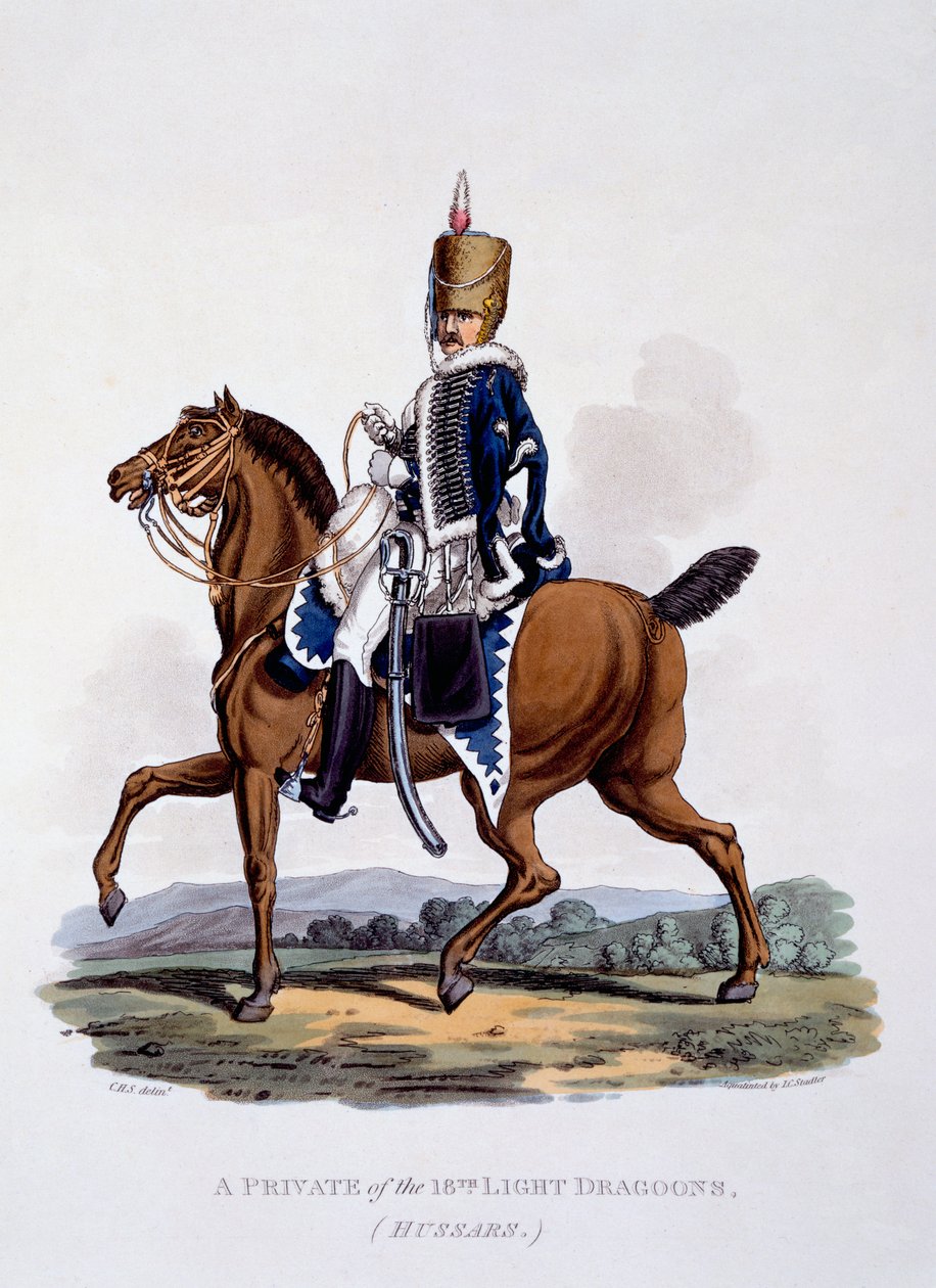 「最後の規則によると大英帝国の衣装」からの1812-15のプライベートの制服（Hussars）の制服、1812-15（手塗りのアクアチント）を公開 作： チャールズハミルトンスミス