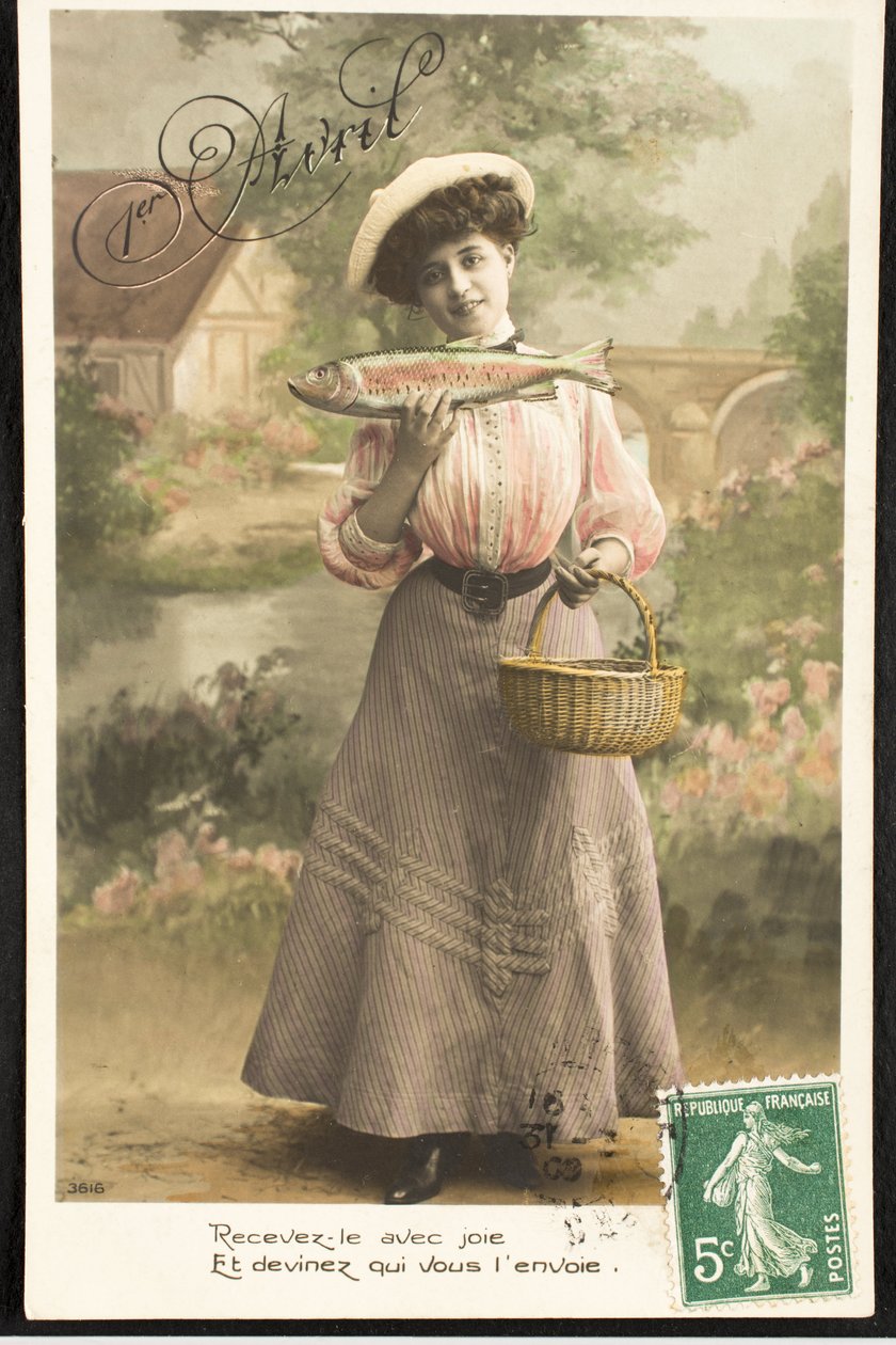 古い絵葉書/April Fish/Woman of Belle Epoque 作： シャルル・アンリ・ジョセフ・リケルト