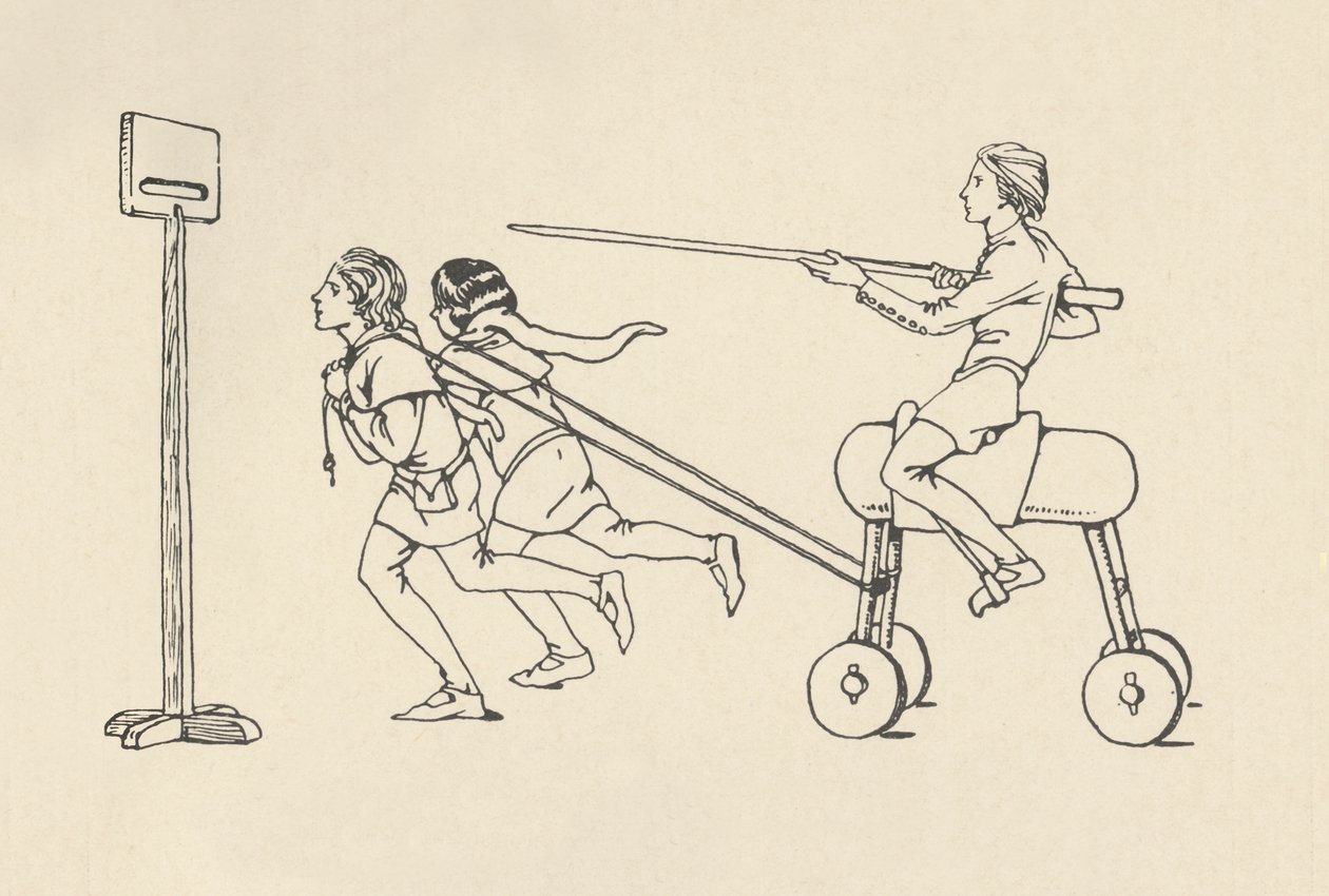 1340年頃、アレクサンダーのクインテインロマンスで乗馬をしている少年たち。Bodleian、1931年 作： チャールズ・ヘンリー・ボーン・クネル