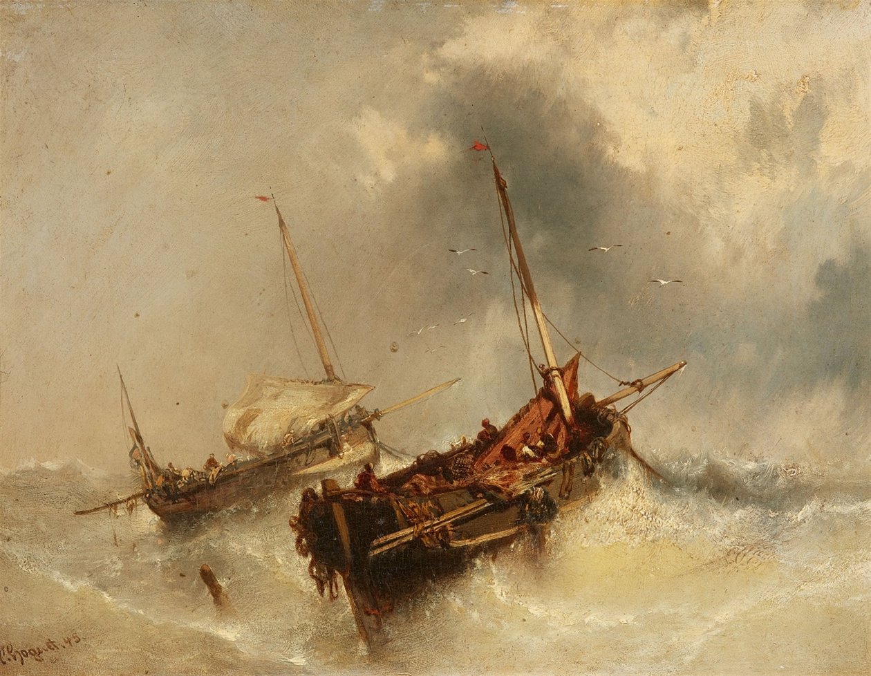 ドイツ語：Zwei Segelschiffe auf stürmischer See 嵐の海に浮かぶ2隻のボート 作： チャールズ・ホゲ