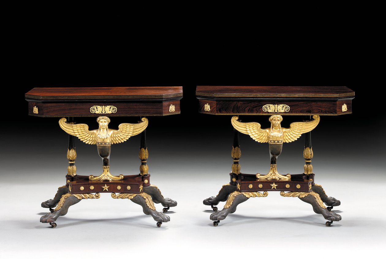 2つの古典的な彫刻が施されたカードテーブル、c.1815（パーセルギルトローズウッド） 作： Charles Honore Lannuier