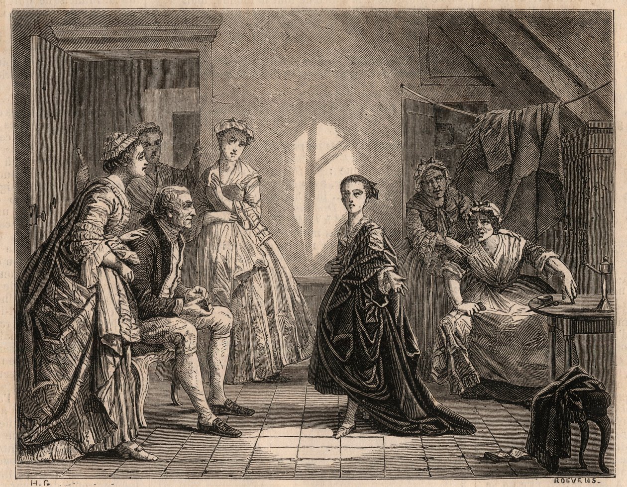 マドモアゼル・クレロンの子供時代：幼いクレール・ジョゼフ（Claire-Josephe）・レリス（1723-1803）は、見たばかりの劇の詩を朗読する。彼女は「マドモアゼル・クレロン」または「ラ・クレロン」の名でコメディアンになった。1862年に描かれた絵画からのエングレーヴィング 作： チャールズ・ハウス