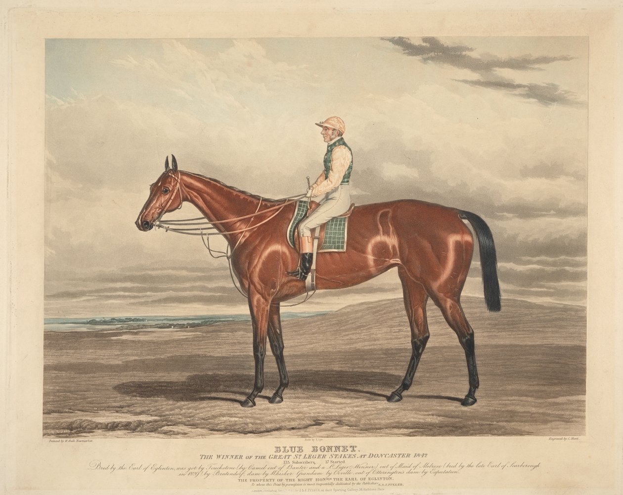 競馬: ブルー・ボネット。1842年ドンカスターの大セントレジャーステークスの勝者 作： チャールズハント