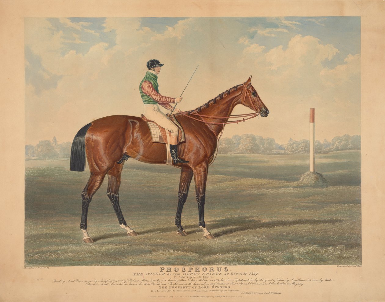 競馬：「フォスフォラス」、ジョージ・エドワーズ騎乗、1837年エプソムのダービーステークス優勝馬 作： チャールズハント