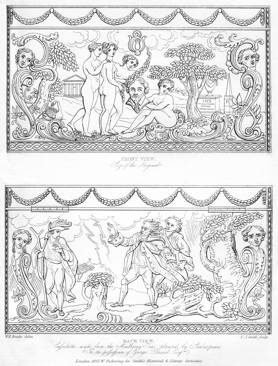 シェイクスピアの桑の木から作られた彫刻が施されたカソレット、18世紀、1840年 作： チャールズ・J・スミス