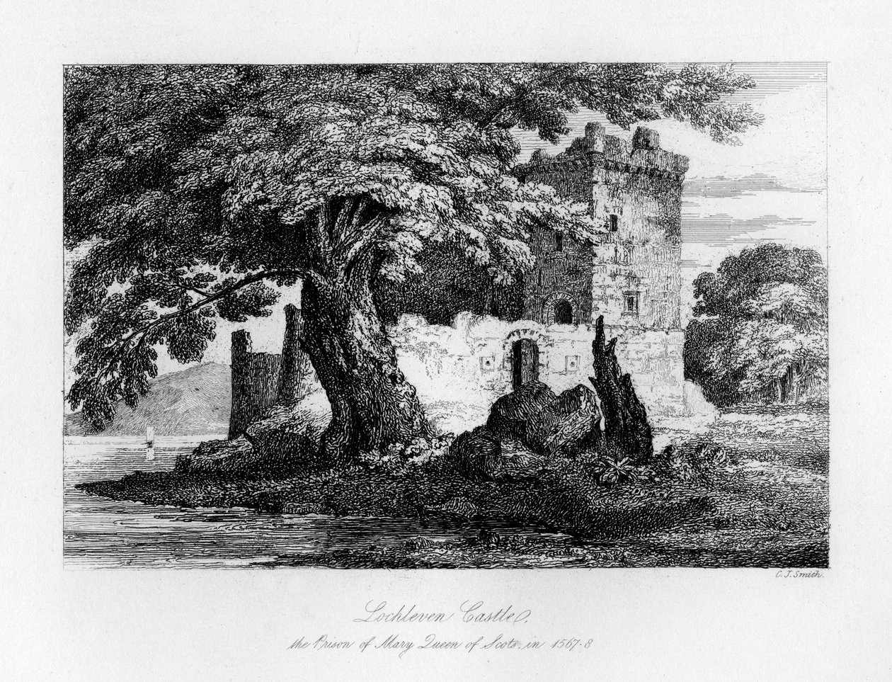 スコットランドのロックリーベン城、スコットランドのメアリーの刑務所、スコットランドの女王、1840年 作： チャールズ・J・スミス