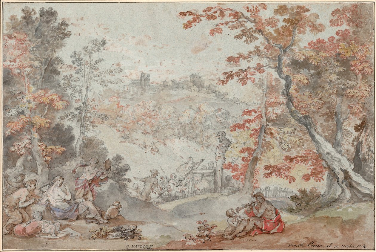 モンテ・ポルツィオとパンへの捧げ物があるイタリアの秋の風景 1763年 作： チャールズ・ジョセフ・ナトワール