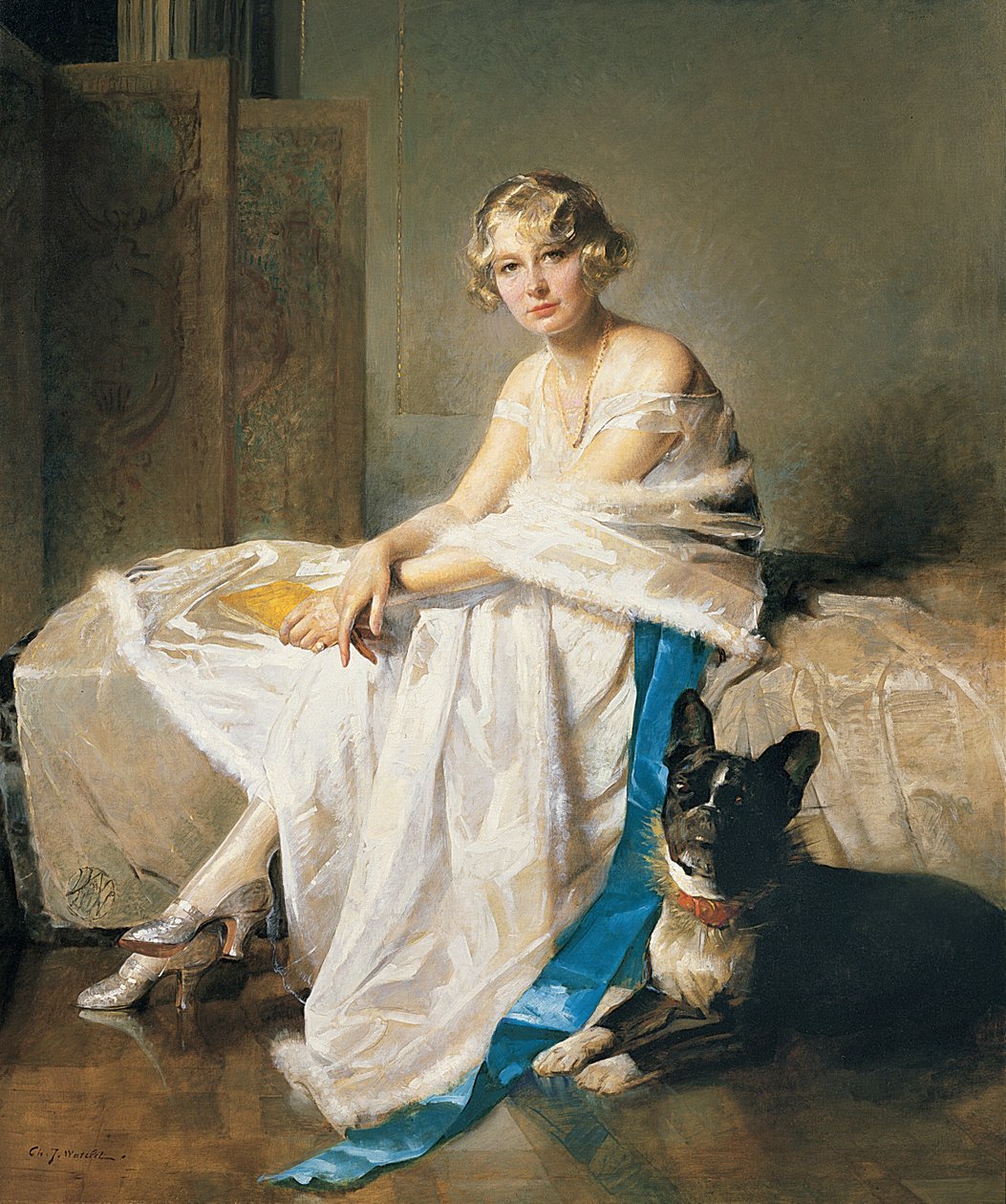 室内飼いのフレンチ・ブルドッグと優雅な婦人 1925年頃（油彩・キャンバス） 作： チャールズ・ジョゼフ・ワトレ