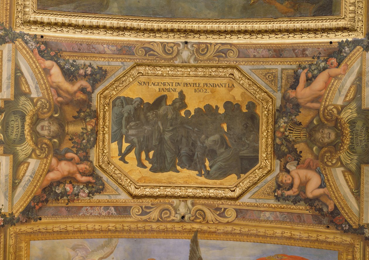 1662年の飢饉の際に人々を助けた、Galerie des Glacesの天井画 作： チャールズ・ル・ブラン