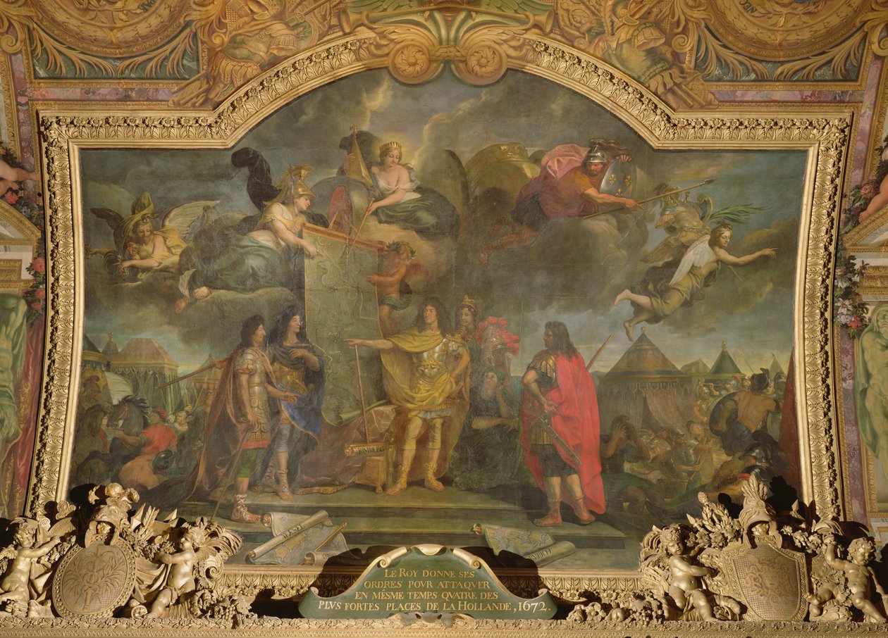 ルイ14世（1638〜1715）は、1672年にオランダ最強の地位の4つを同時に攻撃するよう命じ、Galerie des Glacesの天井画 作： チャールズ・ル・ブラン